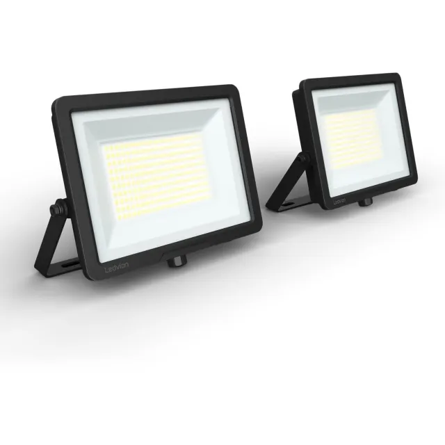 LEDVION 2x Performance LED-schijnwerper buiten, IP66, 100W, 135lm/w, koel wit, 6500K, superhelder, breedstraler, buitenlamp Zwart
