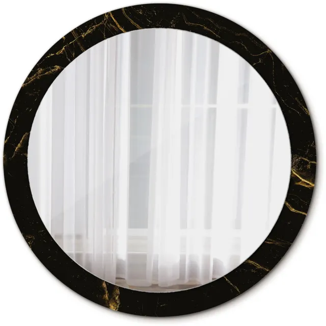 TULUP Spiegel - Spiegel op gehard Glas - Ronde Spiegel - Zwart marmerlook - Diameter: 90 cm - Stijlvolle spiegel met grafisch motief - Decor voor woonkamer - Spiegel voor hal of entree - Zwarte - Wanddecoratie Spiegel - Wandmontage Zwart Zwart marmerlook