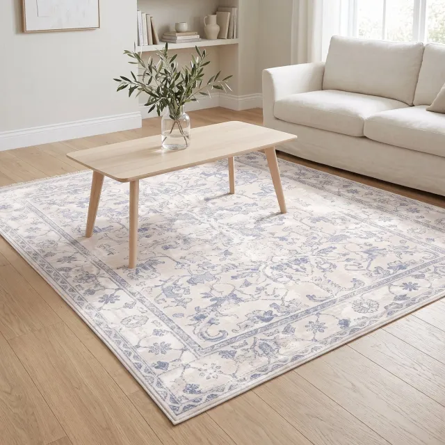 Vika Living Gemstone Vloerkleed - Bloemen - Crème Blauw - 150x80 cm