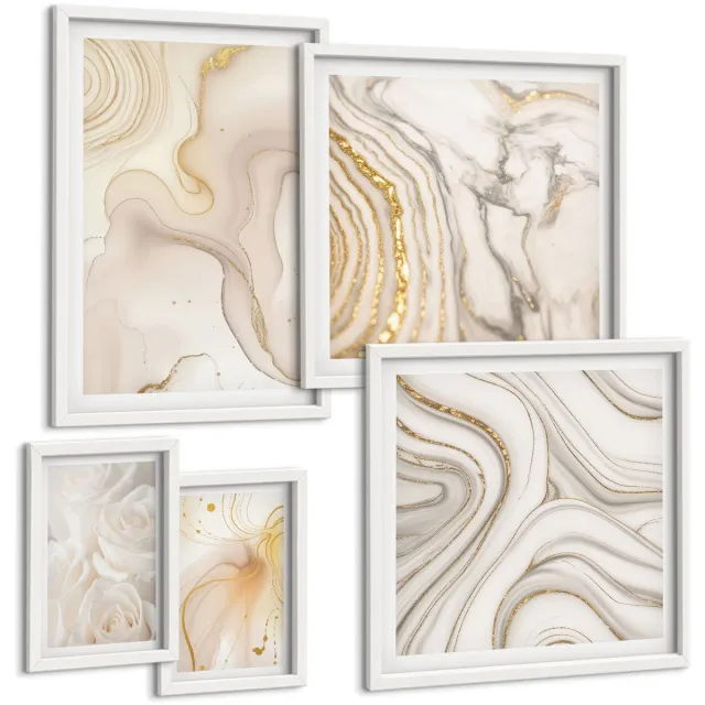 TULUP 4-Delige Schilderij Set - Abstracte composities in beige en witte tinten. - 50 x 50 cm, 20 x 30 cm en 40 x 60 cm - Stijlvolle Muurdecoratie - Slaapkamer - Moderne Wanddecoratie Witte lijst