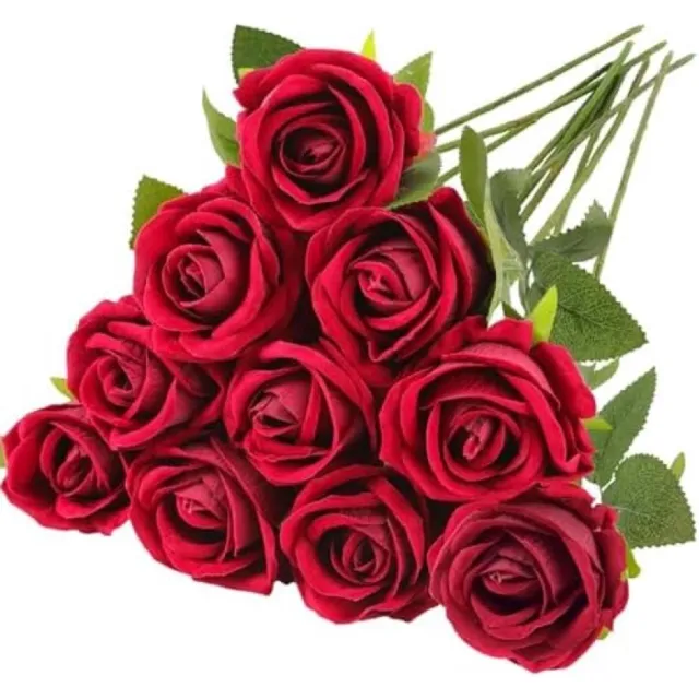 PromoHome Kunstrozen Set van 10 Stuks - Realistische Zijden Bloemen met Lange Stelen - Donkerrode Kunstbloemen voor Bruidsboeket, Huisdecoratie, Feesten en Evenementen - 51 cm Hoogte Rood