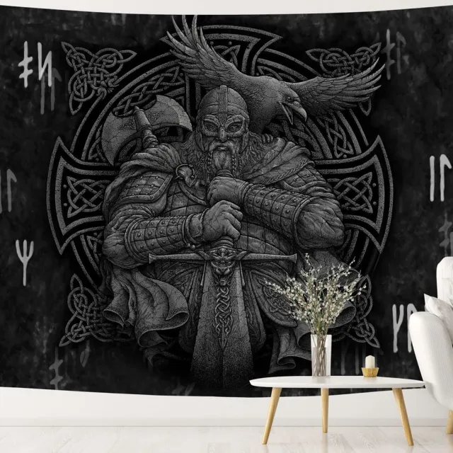 Ibenzoa Geïntegreerd Wandtextiel: Scandinavische Mythologie - Odin, Warrior, Zwaard, Runen - 150 x 130 cm zwart