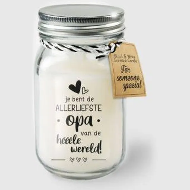 Zusenzow.com Kaars - Liefste Opa - Lichte vanille geur - In glazen pot - In cadeauverpakking met gekleurd lint zwart -wit