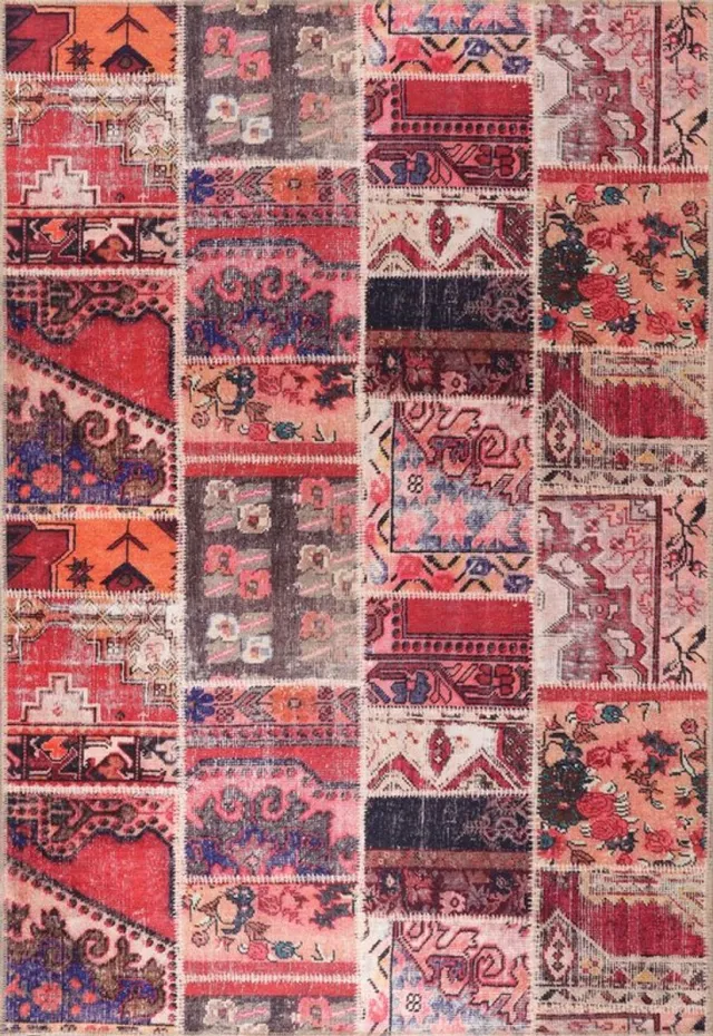 Netline Home Vloerkleed | Wasbaar Vloerkleed | Patchwork Vloerkleed | Antislip | Wasbaar Tapijt voor Keuken, Slaapkamer, Hal, Woonkamer | Vloerkleed Oosters Design Tapijt | Laagpolig(80X150) rood