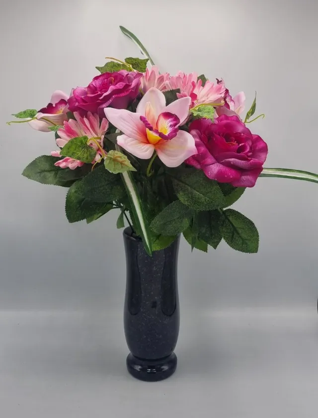 Bomm Boeket, U514-m1/3, Roos, Gerbera, Orchidee, 45cm, Paars, 11 bloemen, Grafdecoratie, Zijdenbloemen, Kunstbloemen