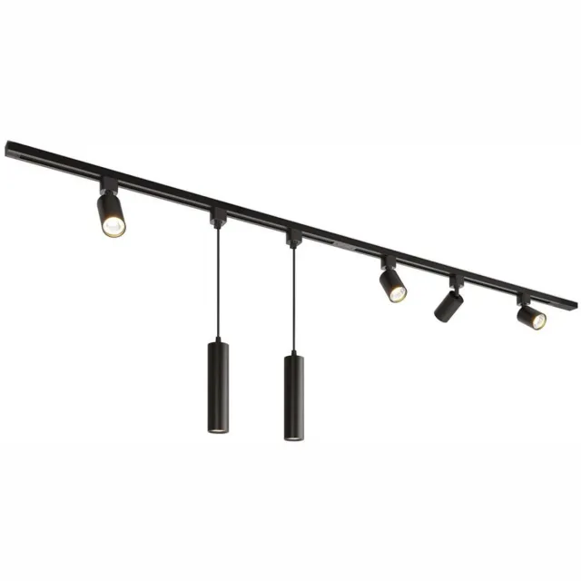 HOFTRONIC railverlichting pakket recht – 2x 1 meter rail – 4 railspots 2 hanglamp – 2700K warm wit GU10 – dimbaar – aluminium zwart – IP20 – modulair – 230V – railspots zwart woonkamer keuken
