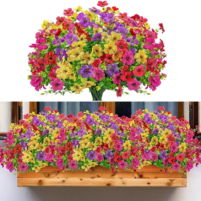 Mrilary 12 bundels kunstbloemen voor buiten, kunstviolette bloemen, uv-bestendige zijden kleurrijke madeliefjes, kunstbloemenboeket voor buiten, binnen, tuin, verandadecoratie, (Geel, Rood, Paars, Roosrood) 12 stuks Geel + Rood + Paars + Roosrood