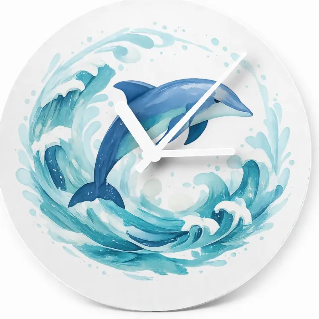 Mr Cadeautjes Glazen klok Ø 20 - design Een cirkelvormige waterwerveling rond een springende zeeschi | cadeau Wit