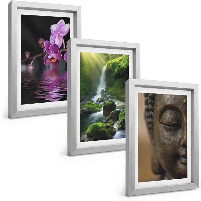 TULUP 4-Delige Schilderij Set - Bloemen in het water, waterval met groene rotsen, Boeddha - 20 x 30 cm - Stijlvolle Muurdecoratie - Slaapkamer Zilveren lijst