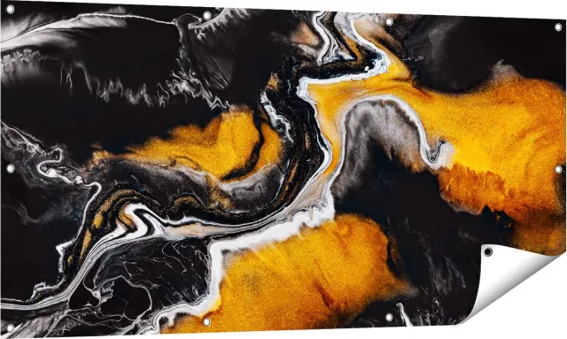 Gards Tuinposter Abstracte Kunst van Zwarte Gouden Verf - 140x70 cm - Tuindoek - Tuindecoratie - Wanddecoratie buiten - Tuinschilderij Multikleur