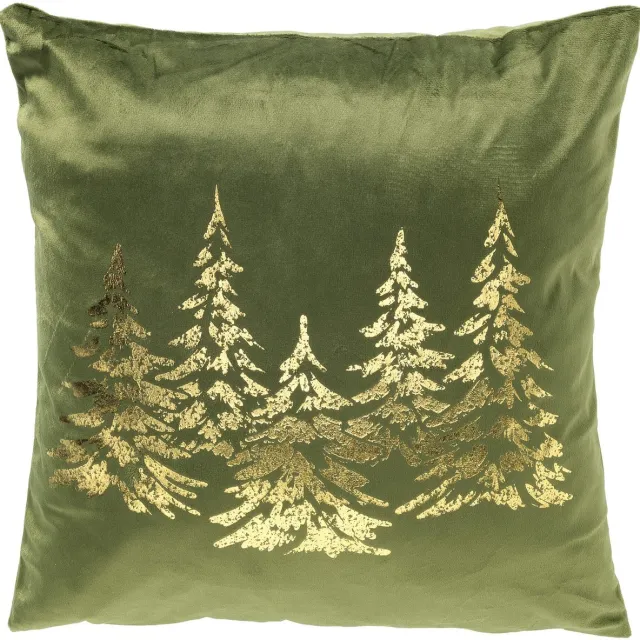 Textino kerstkussen PINEGROVE - sierkussen 45x45 cm - fluweel - dennenbomen - groen, goud - inclusief binnenkussen