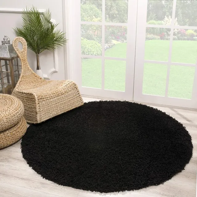 Muratap Rond Loca Shaggy Vloerkleed – Modern Uni Effen – Zwart Hoogpolig & Zacht- 300 CM Ø
