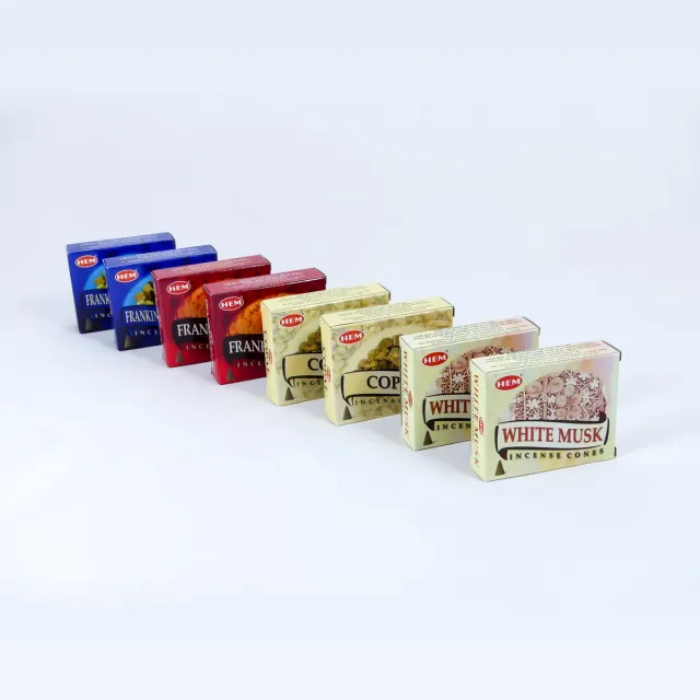 HEM Wierook Verschillende Geuren Set - Kegels / Cones - Kopal - Witte Musk - Frankincense - Frankincense-Mirre / Copal - White Musk - Frankincense - Frankincense-Myrrh