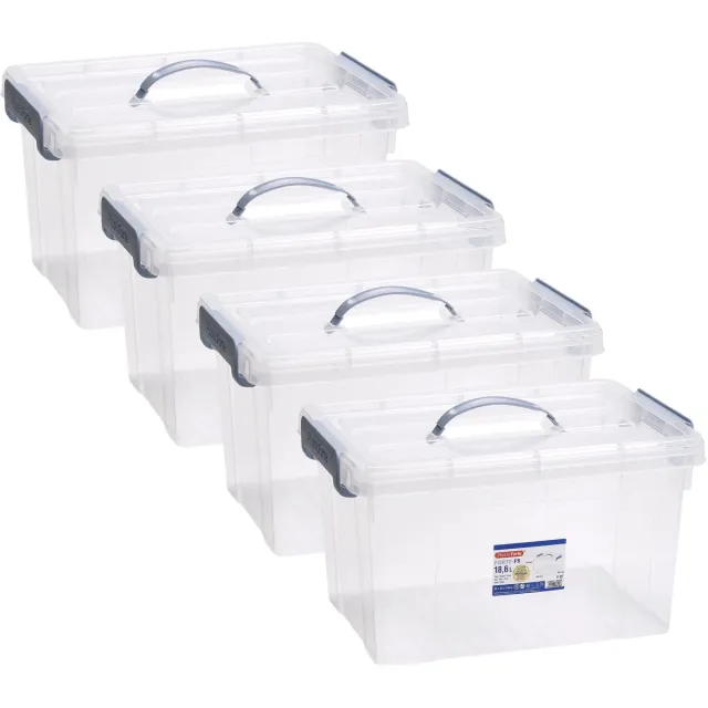 PLASTICFORTE Opslagbox AZUL serie - 4x - met deksel - transparant - 18.5 liter - 42 x 30 x 24 cm - kunststof - opbergdoos - opbergen
