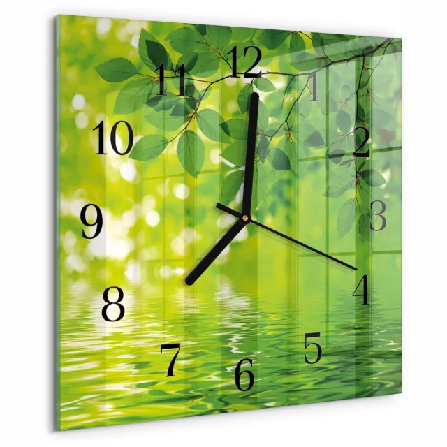 TULUP Wandklok - Bladeren Glazen Wandklok Design - 30x30 cm - Groente Klok Glas Met Opdruk - Zwarte Handen - Vierkante Wandklok - Wandklok Glas Decoratie - Gekleurde Glazen Klok Groente - Bladeren