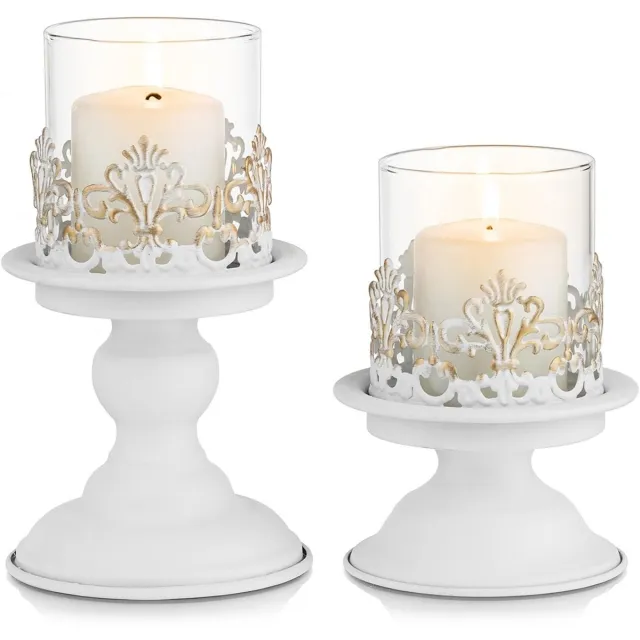 longziming Kaarsenhouders – Vintage Metalen Windlichten voor Stompkaarsen – Vintage bloemendesign – Metaal en glas – Decoratie voor Woonkamer en Tafel – 2 stuks wit