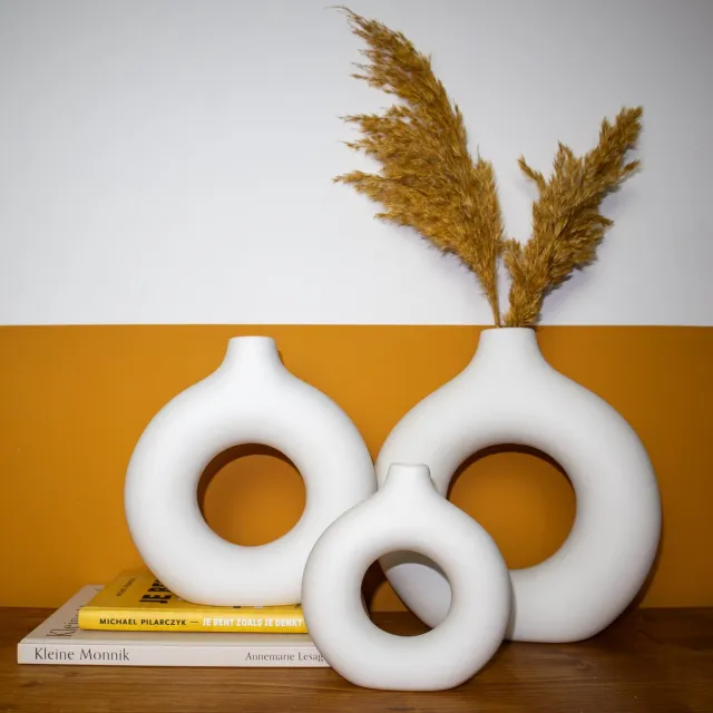 Evoluxe Donut Vaas - Keramiek Vaas - Stijlvolle Bloemenvaas - Ronde Vaas - Scandinavische Woondecoratie - Landelijk & Modern - Vazen voor Droogbloemen en Pampas - Uniek Design - Wit - Medium - M - 19x18x6 cm