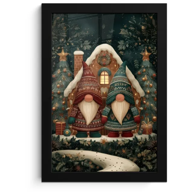 FrameYourWall Poster in lijst - Fotolijst 20x30 cm - Posters - Kerst - Gnomen - Peperkoekhuisje - Rood - Groen - Posterlijst zwart - Decoratie - Wanddecoratie woonkamer - Muurdecoratie slaapkamer - Kerstversiering - Kerstdecoratie voor binnen - Kerstmis Kerst - Gnomen - Huisje - Rood - Groen