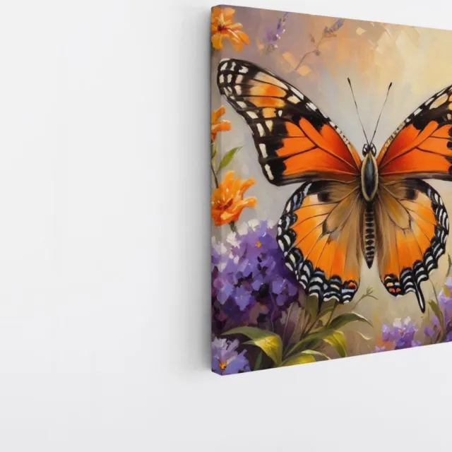 Saammp Canvas Schilderij -Vlinder bij paarse bloemen - Dieren - Abstract - 100x100 - Foto op canvas - Wanddecoratie - muurdecoratie Woonkamer - Slaapkamer decoratie - Canvas Print Multicolor