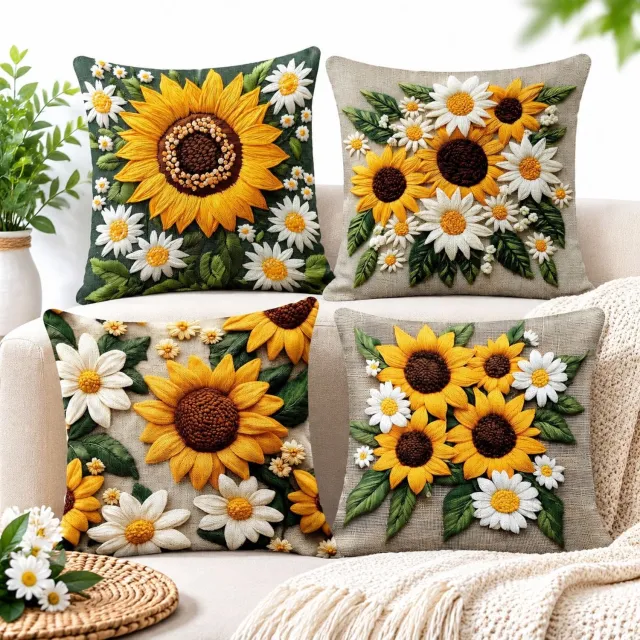 VHV Set of 4 Linen kussenhoezen 18"x18" - Soft Flax Sunflowers Decorative Pillow Cases 45 x 45 - Double-Sided Modern Pillow Covers for Bed - Sofa/Couch/Living Room kleur