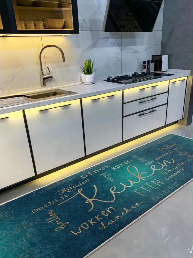 De Groen Home Keukenloper 80x220cm Vloerkleed - Knus Koken collectie - Wasbaar Antislip - Laagpolig Vuilafstotend & Zacht Tapijt Gold & Donkerblauw & Donkergroen