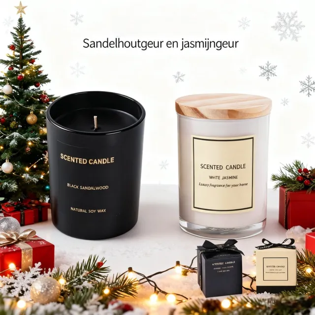 CNL Sight Geurkaarsen Giftset – Luxe Geschenkdoos met 2 Sojakaarsen –Geurkaarsen – Witte Jasmijn Kaars met Houten Deksel + Zwarte Sandelhout Kaars –Valentijnsdagcadeau- Elegante Cadeauset Wit+Zwart