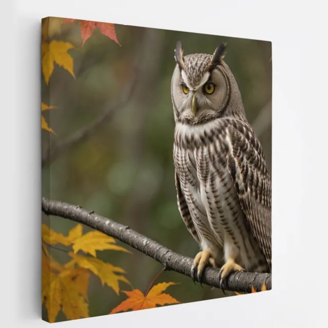 Saammp Canvas Schilderij - Uil op tak in de herfst - Natuur - Dieren - 30x30 - Foto op canvas - Wanddecoratie - Muurdecoratie Woonkamer - Slaapkamer decoratie - Canvas Print Multicolor