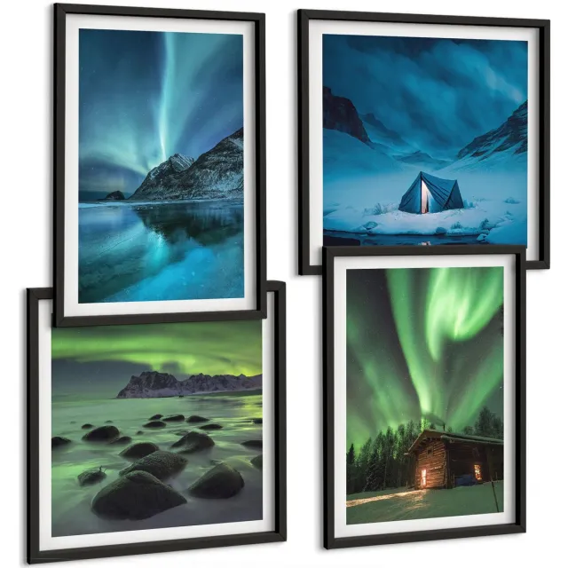 TULUP 4-Delige Schilderij Set - Winterlandschappen met het noorderlicht boven de bergen - 40 x 40 cm en 40 x 60 cm - Stijlvolle Wanddecoratie - Interieur - Stijlvolle Muurdecoratie Zwarte lijst