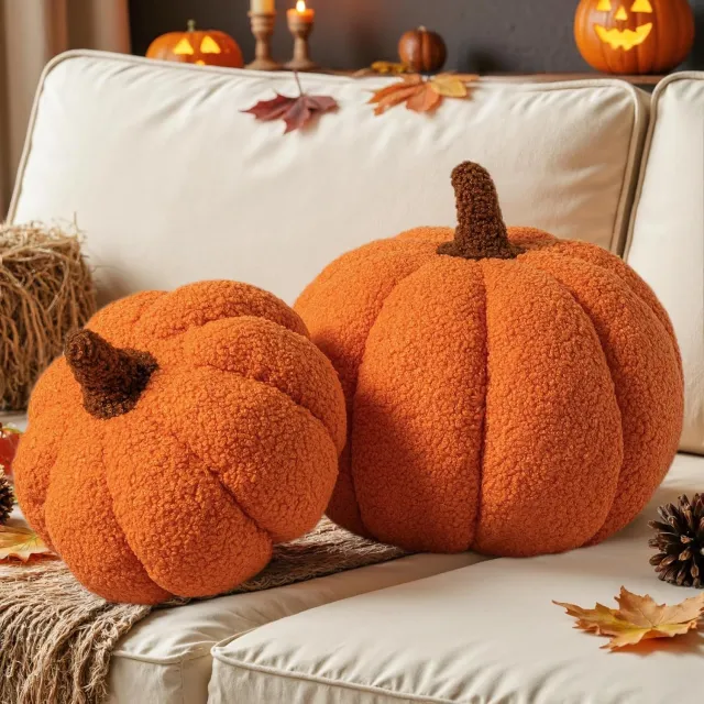 Huttutu Sierkussen - Herfst Pompoen Kussens - 3D Vorm - Zachte Pluche - Voor Bank en Decoraties voor Thanksgiving of Halloween - 23 cm + 30 cm - Oranje - 2 stuks