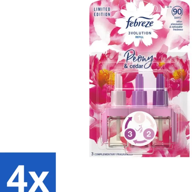 Febreze Ambipur 4 x Ambi Pur – Luchtverfrisser – 3Volution Peony & Cedar – Langdurig - Luchtverfrisser - Geurverwijdering - Elektrische Diffuser - Geurautomatisch - Frisheid Roze