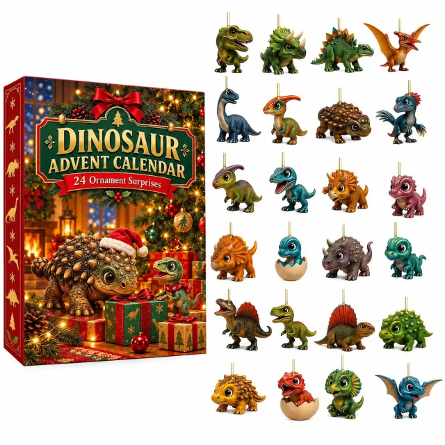 SWGOTA Dinosaurus-adventskalender met 24 hangdecoraties - diverse kleurrijke figuren - verpakking 26 x 18 x 3 cm Groen;Blauw;Oranje;Bruin;Roze;Geel