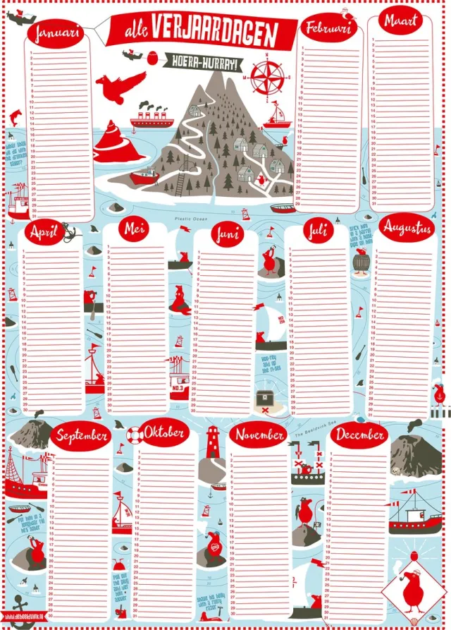 de Beeldvink Poster-verjaardagskalender: Beeldvink Island Rood, wit, lichtblauw
