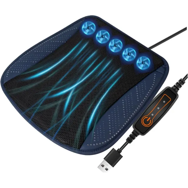 KZQ Autostoelkussen met ventilator - Autostoelkussen - Koelend autostoelkussen - Ademend mesh-kussen - Ingebouwde 5 ventilatoren - 3 snelheidsstanden - USB-voeding - Antislip onderkant - Geschikt voor vrachtwagens en alle soorten voertuigen - Blauw