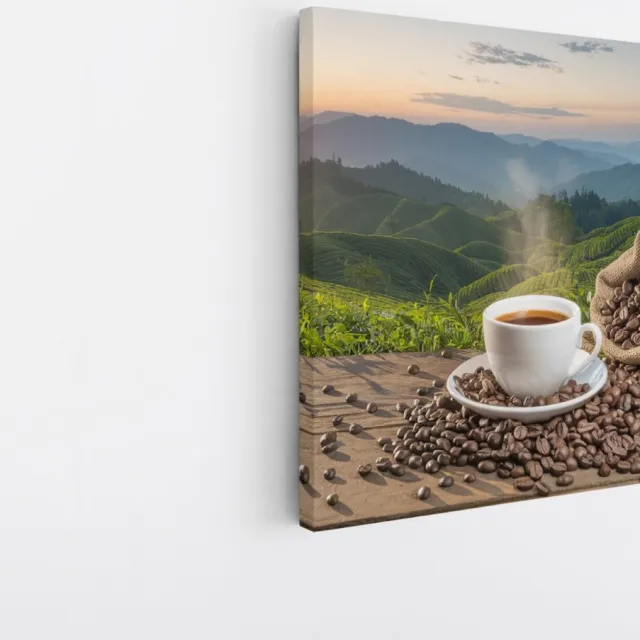 Saammp Canvas Schilderij - Kopje Koffie - Bonen - Landschap - 60x60 - Foto op canvas - Wanddecoratie - Muurdecoratie keuken - Slaapkamer decoratie - Canvas Print Multicolor