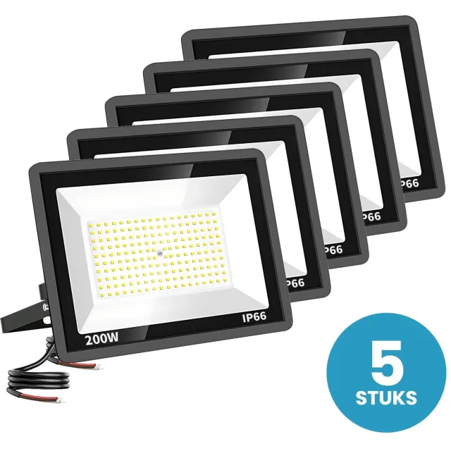 Tsong LED Schijnwerper 200W - 5 stuks - 24.000 lm - Koelwit 4000K - 120° Breedstraler - IP66 - Terrein- & Gevelverlichting - 2 jaar garantie