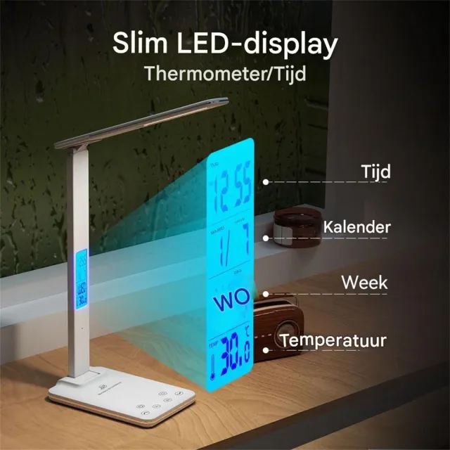 QTTVBTNA Multifunctioneel LED Bureau-lamp - Bureaulamp LED Met Oplader en Klok – Multifunctionele Tafellamp – Nachtlampje – Leeslamp – LED Lamp Met Wireless Charger – Wit