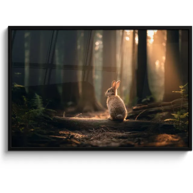 FrameYourWall Poster in lijst - Fotolijst 120x80 cm - Posters - Konijn - Bos - Zonnestralen - Posterlijst zwart - Decoratie - Wanddecoratie woonkamer - Muurdecoratie slaapkamer