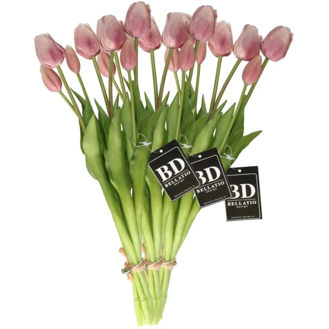 Bellatio Design Kunst tulpen boeket Sally - 21x stuks - zacht lila - real touch - 47 cm
