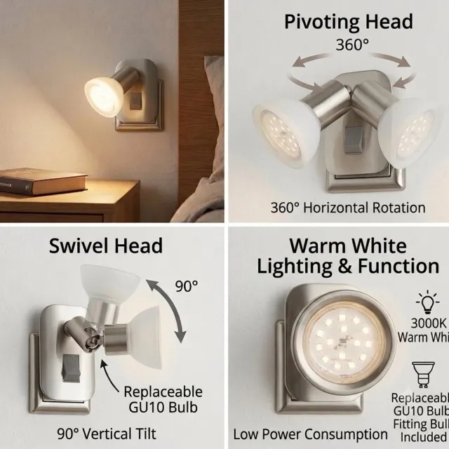 Trango stekkerlamp 11-042 *CALI* in nikkelmat met glazen kap Stekkerlamp incl. 1x GU10 LED lamp 3000K warm wit & tuimelschakelaar leeslamp, keukenlamp, fittinglamp, wandlamp Nikkel mat