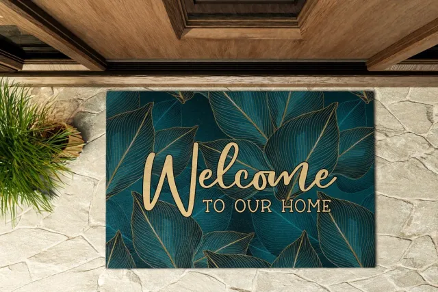 Coloray Buiten Deurmat - Groente Schoonloopmat Buiten - Bladmotief 'Welcome to our home' Vuilvangmat Buiten - Hal Decoratie Ideeën - Winter Deurmat Buiten - Duurzame Droogloopmat Voor Buitengebruik - 90x60 cm Groente - Bladmotief 'Welcome to our home'