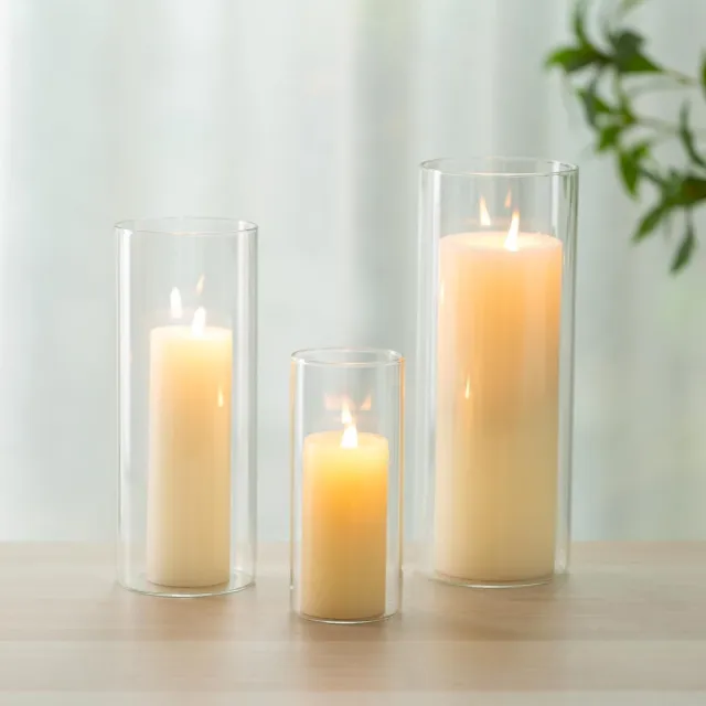 Famanu Set van 3 glazen windlichten voor kaarsen, cilinders voor stompkaarsen en drijvende kaarsen, glazen vaas voor bruiloft en partytafeldecoratie Zwart