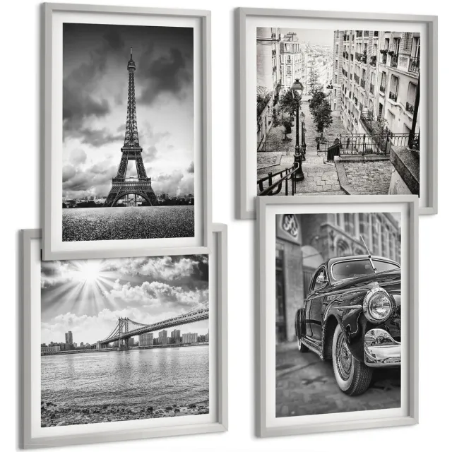 TULUP 4-Delige Schilderij Set - Stadsgezichten Bruggen Eiffeltoren Klassieke auto - 40 x 40 cm en 40 x 60 cm - Muurdecoratie - Wanddecoratie - Hal - Woonkamer Decoratie Zilveren lijst