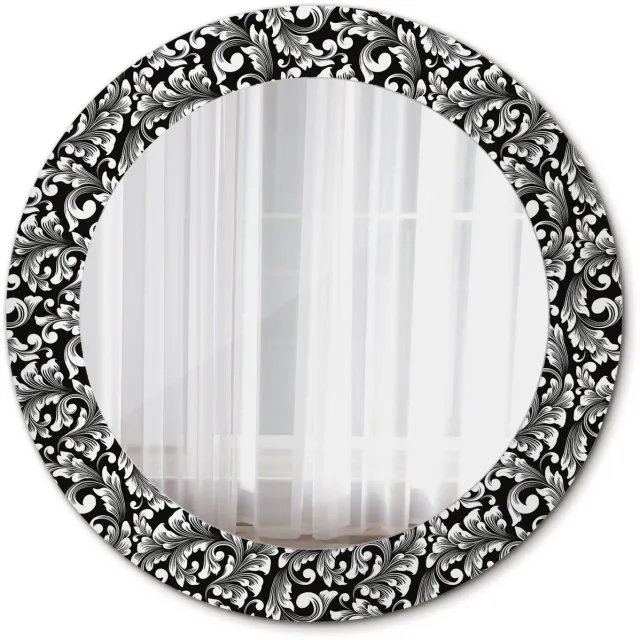 TULUP Spiegel - Ronde vorm Spiegel - op gehard Glas - Ornament - Diameter: 60 cm - Decoratieve spiegel met patroon - Inloopkastspiegel – Badkamerspiegel - Toiletspiegel - Zwart-Witte - Scandinavisch Design - Visagiespiegel - Wandmontage Zwart-wit Ornament