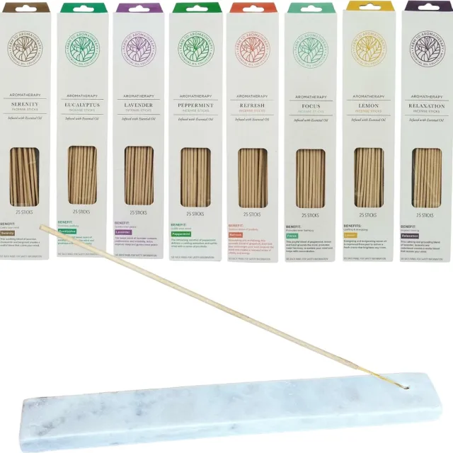 Farm to aromatherapy Assortiment 200 stuks etherische incense wierookstokjes 8 heerlijke geuren - 8 x 25 stuks - incl. Marmer wierookhouder Multikleur