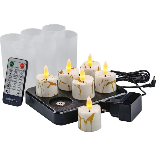 Dorsetto 3D oplaadbare LED-Waxine/theelichtjes 175 uur - met Afstandsbediening - 6 stuks - timerfunctie warm wit