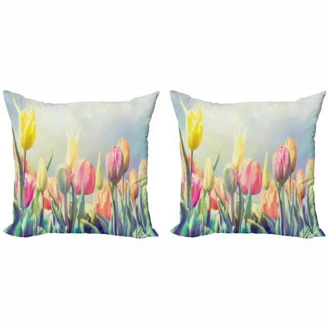 ABAKUHAUS Kussenhoes – Tulpen Bloementuin – 2x50x50 cm – Dubbelzijdig Babyblauw