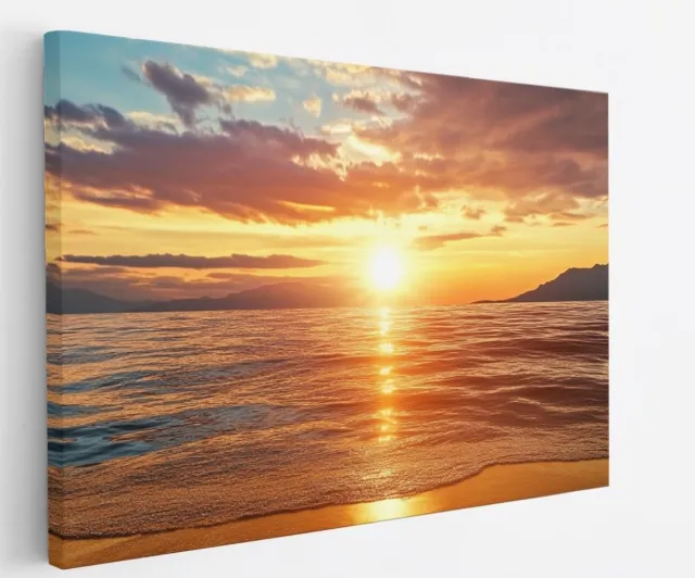 Saammp Canvas Schilderij - Zee met zonsondergang - strand - 45x30 - Foto op canvas - Wanddecoratie - muurdecoratie Woonkamer - Slaapkamer decoratie - Canvas Print Multicolor