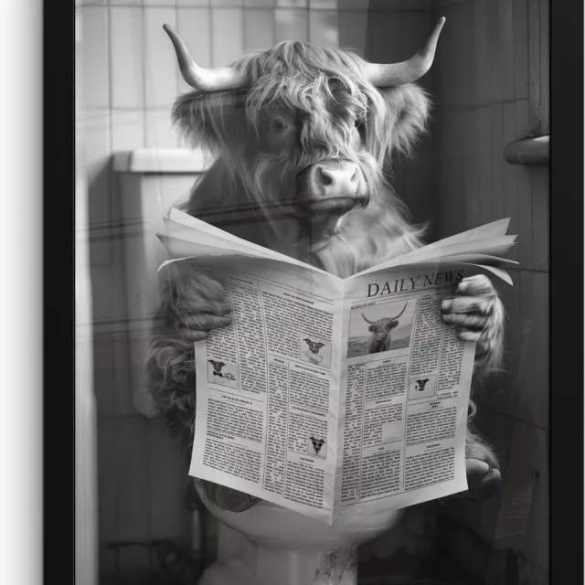 FrameYourWall Poster in lijst - Fotolijst 30x40 cm - Posters - Schotse hooglander - Koe - Krant - WC - Zwart wit - Posterlijst zwart - Wanddecoratie badkamer - Muurdecoratie WC - Decoratieve accessoires - Toilet muur decoratie Schotse hooglander - WC