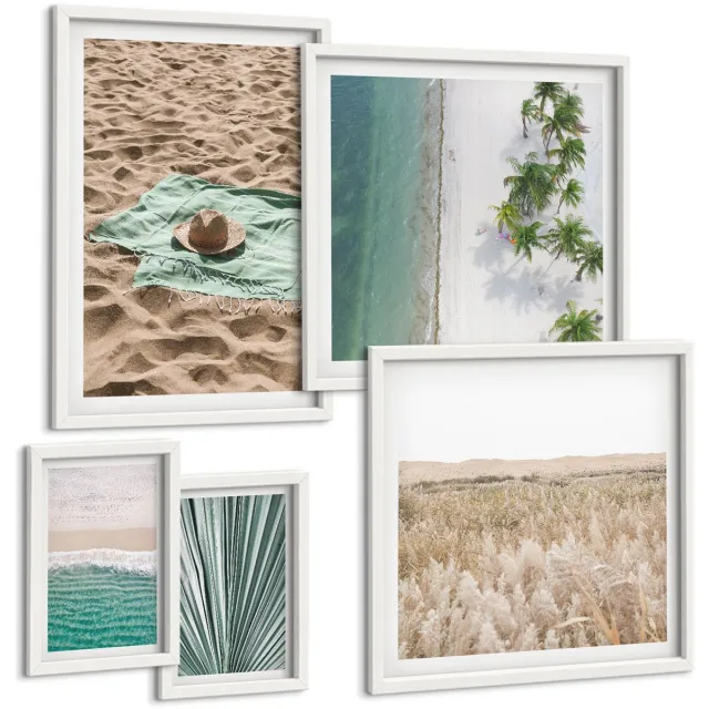 TULUP 4-Delige Schilderij Set - Ontspannend uitzicht op het strand en tropische natuur - 50 x 50 cm, 20 x 30 cm en 40 x 60 cm - Wanddecoratie - Muurdecoratie - Moderne Interieurdecoratie - Stijlvolle Muurdecoratie Witte lijst