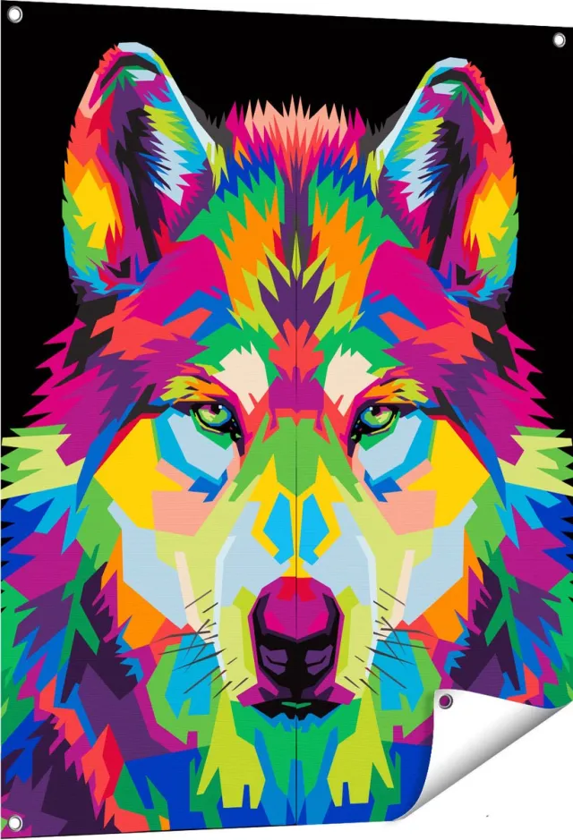 Gards Tuinposter Gekleurde Wolvenkop - Wolf - Abstract - 80x100 cm - Tuindoek - Tuindecoratie - Wanddecoratie buiten - Tuinschilderij Multikleur